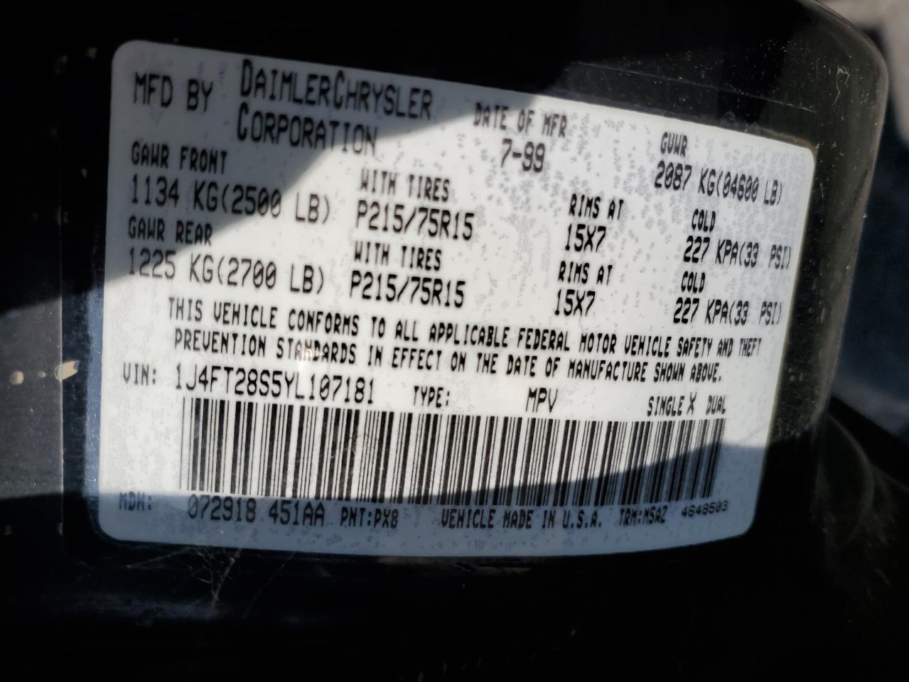 2000 Jeep Cherokee Se VIN: 1J4FT28S5YL107181 Lot: 65415144