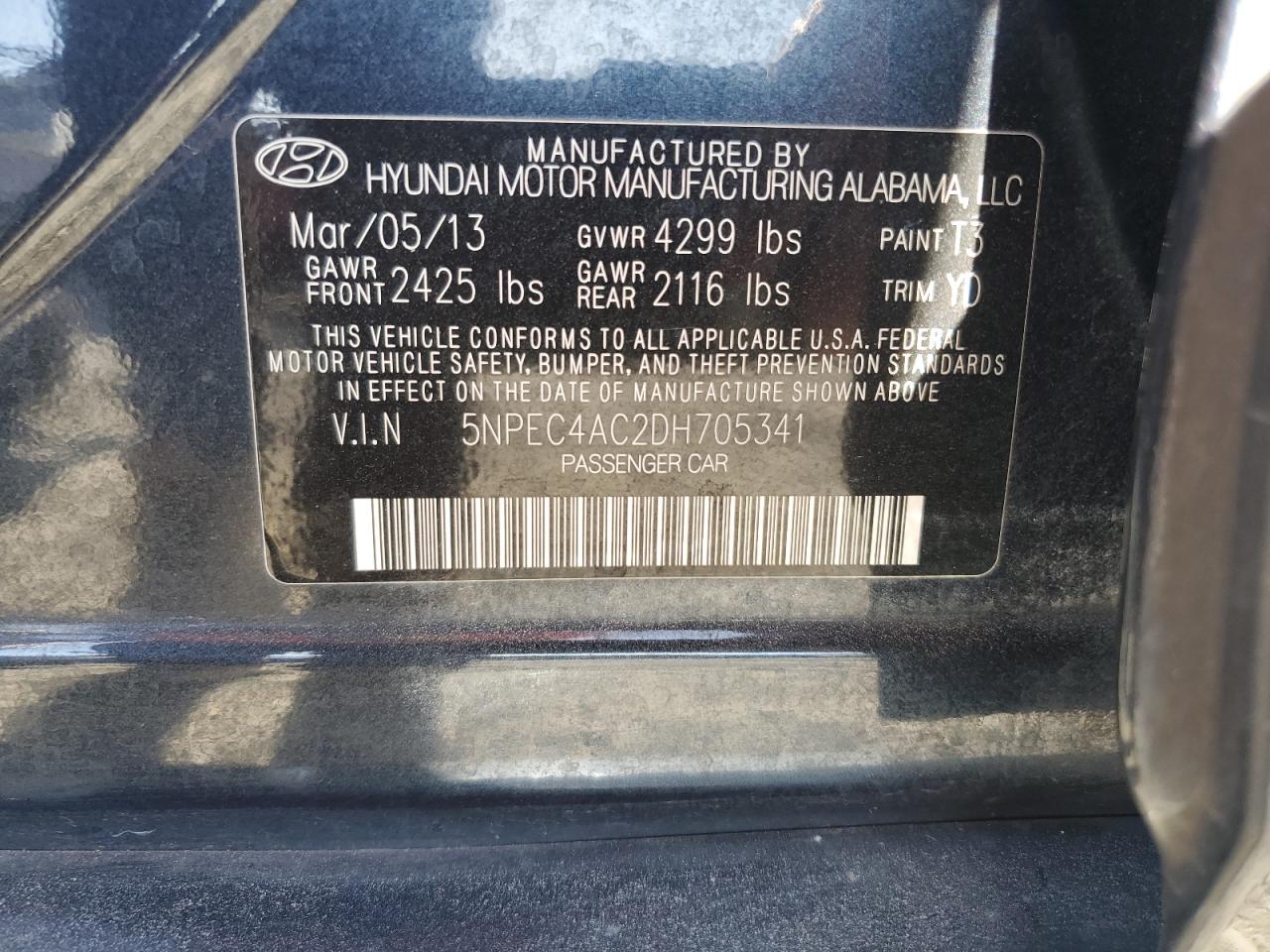 2013 Hyundai Sonata Se VIN: 5NPEC4AC2DH705341 Lot: 60960684