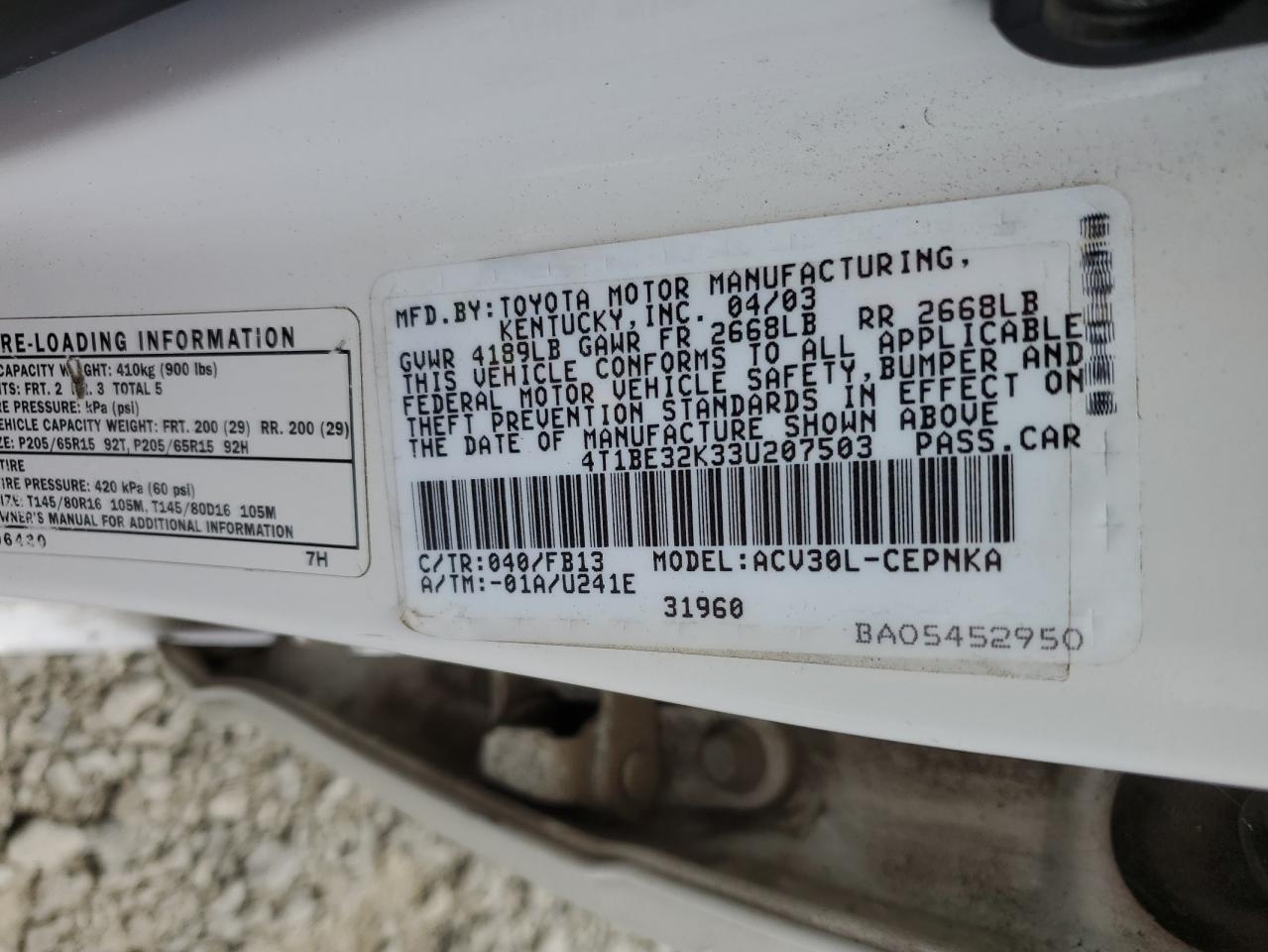 2003 Toyota Camry Le VIN: 4T1BE32K33U207503 Lot: 64679454