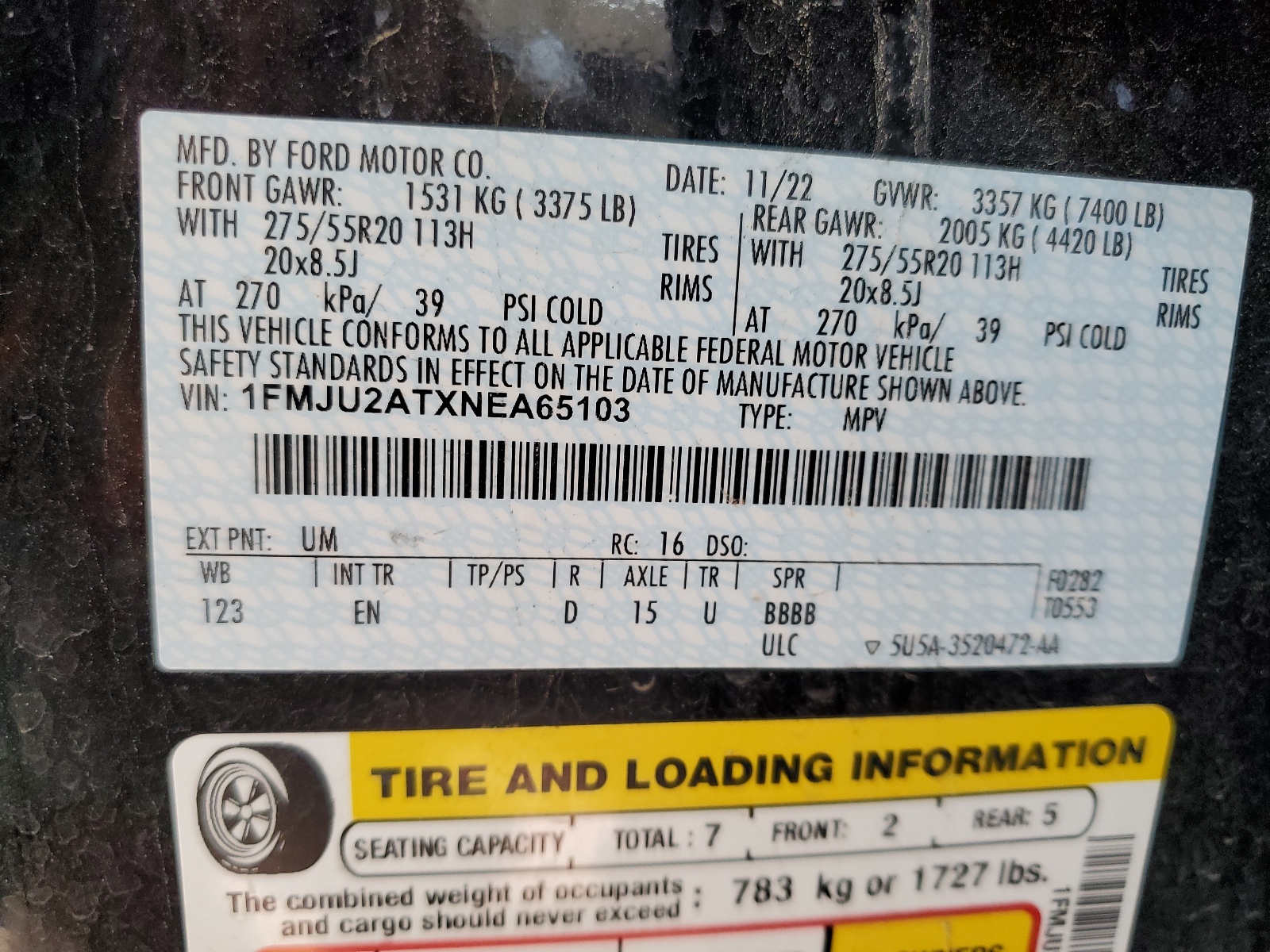 1FMJU2ATXNEA65103 2022 Ford Expedition Limited