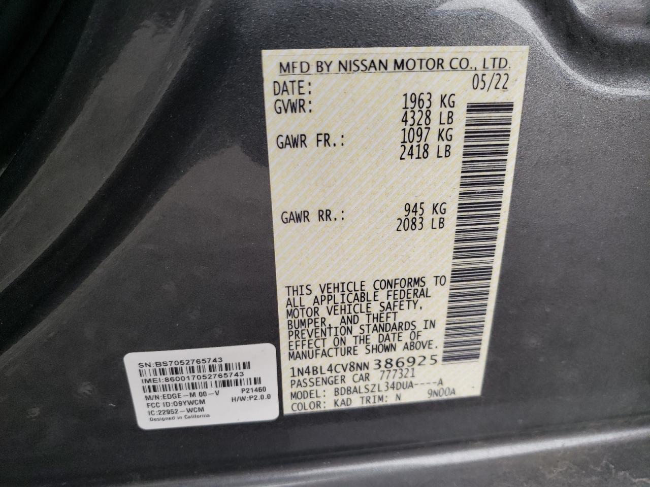 2022 Nissan Altima Sr VIN: 1N4BL4CV8NN386925 Lot: 63857604