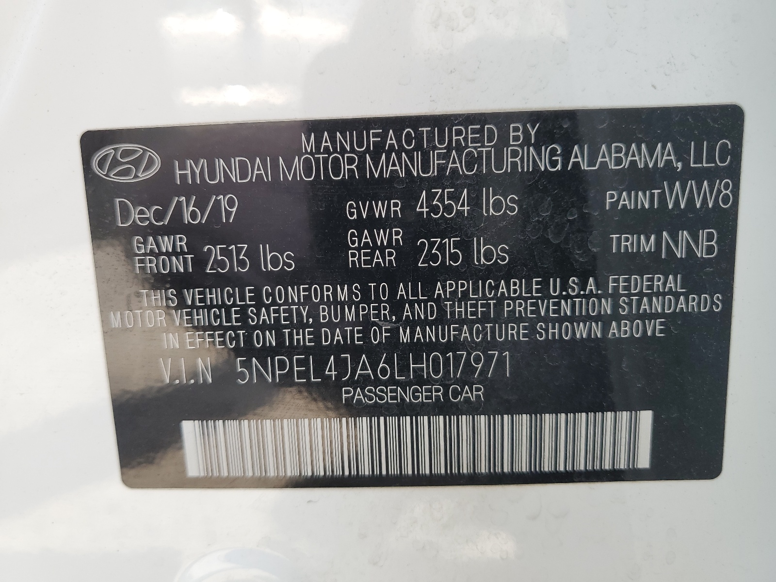 5NPEL4JA6LH017971 2020 Hyundai Sonata Sel