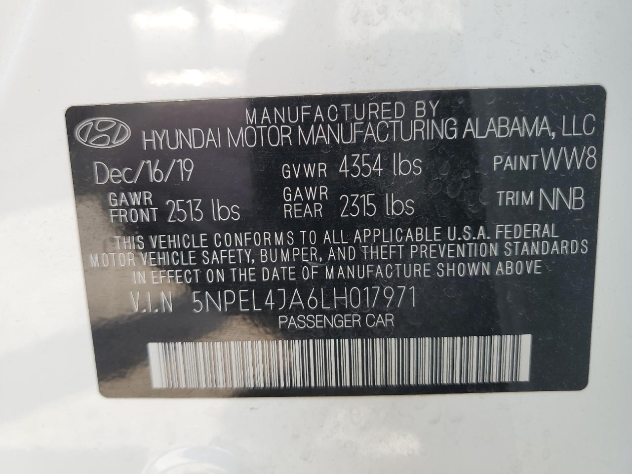 2020 Hyundai Sonata Sel VIN: 5NPEL4JA6LH017971 Lot: 64942294