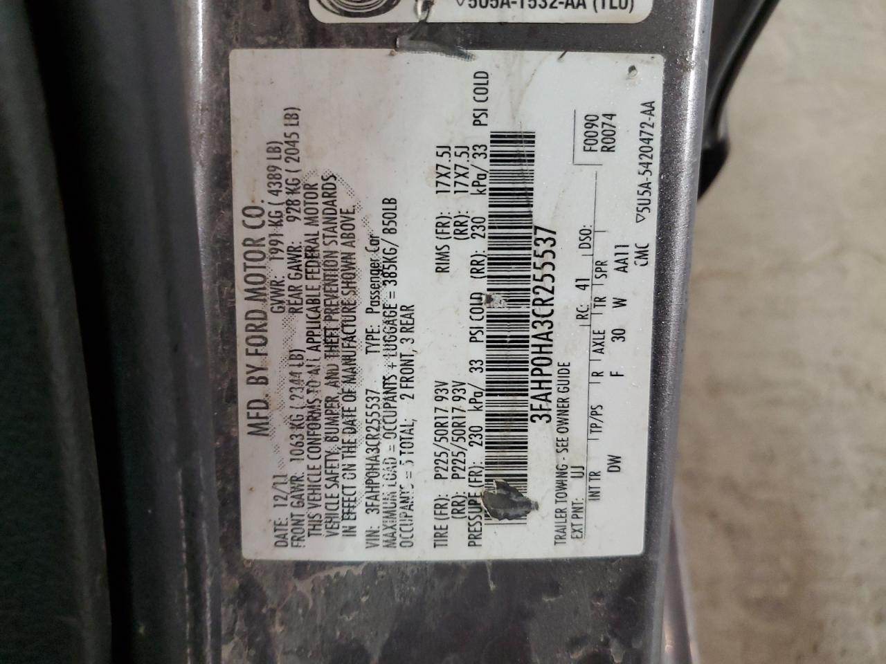 2012 Ford Fusion Se VIN: 3FAHP0HA3CR255537 Lot: 61761584