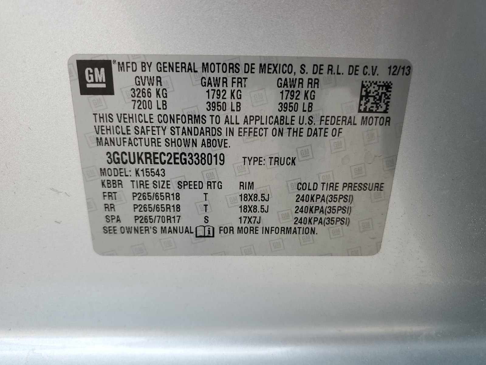 3GCUKREC2EG338019 2014 Chevrolet Silverado K1500 Lt