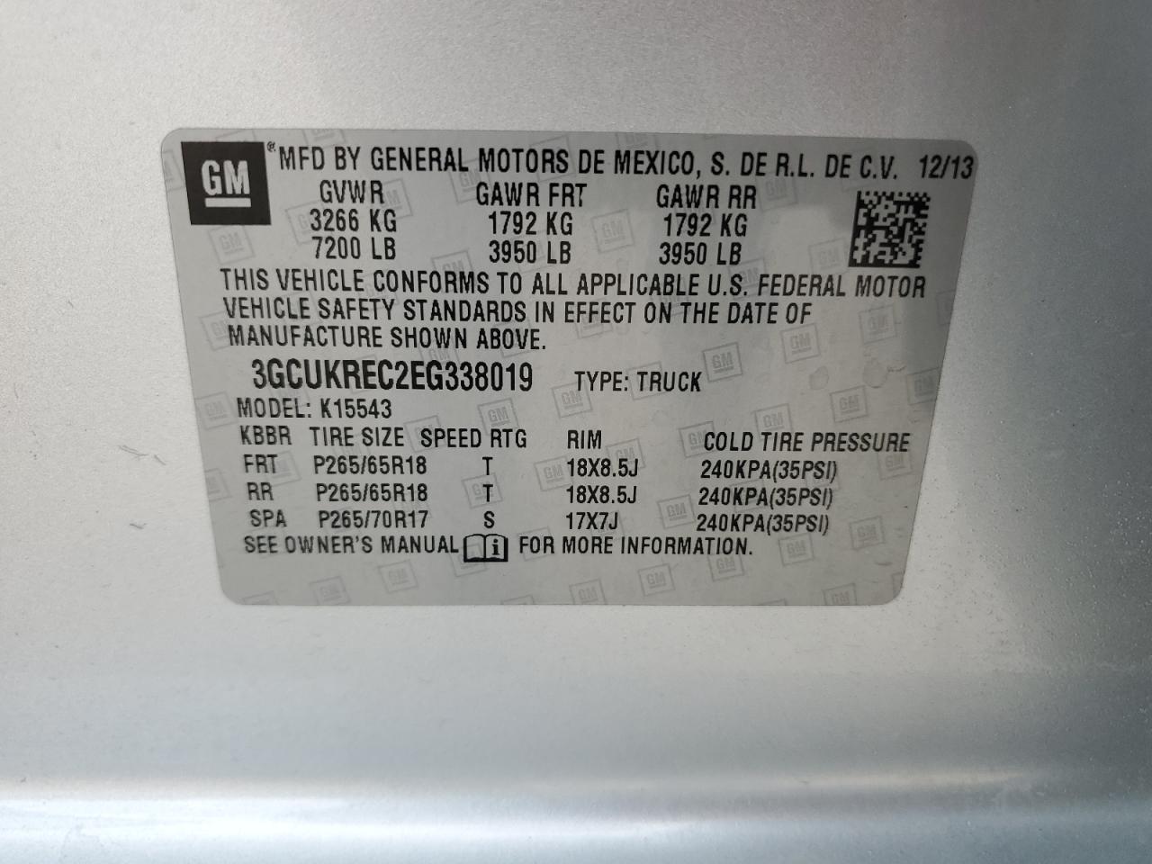 2014 Chevrolet Silverado K1500 Lt VIN: 3GCUKREC2EG338019 Lot: 64458224