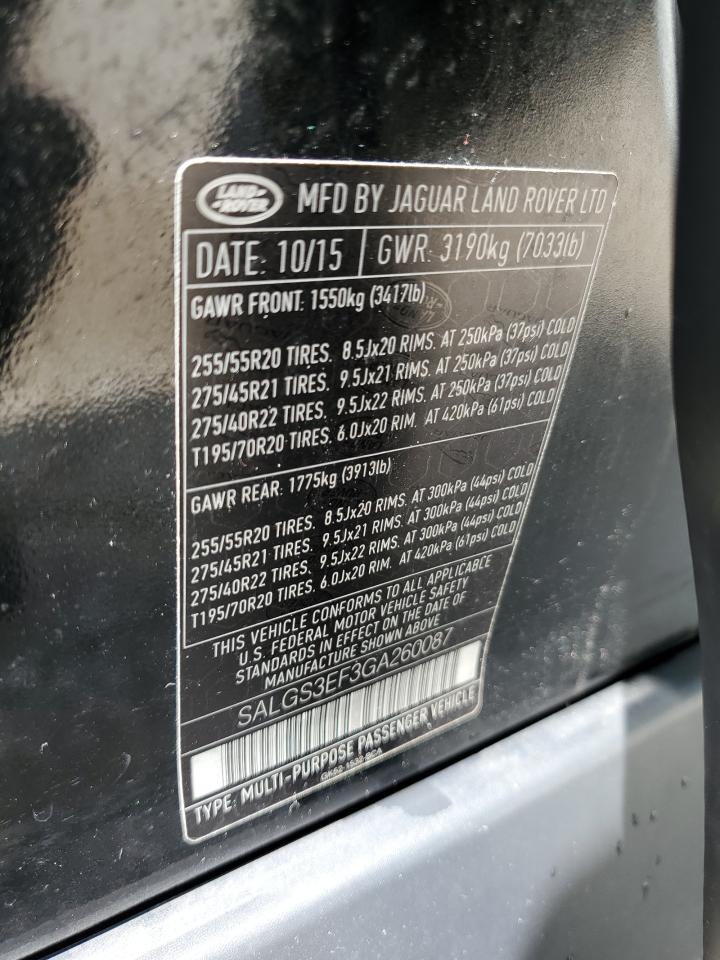 2016 Land Rover Range Rover Supercharged VIN: SALGS3EF3GA260087 Lot: 64809564
