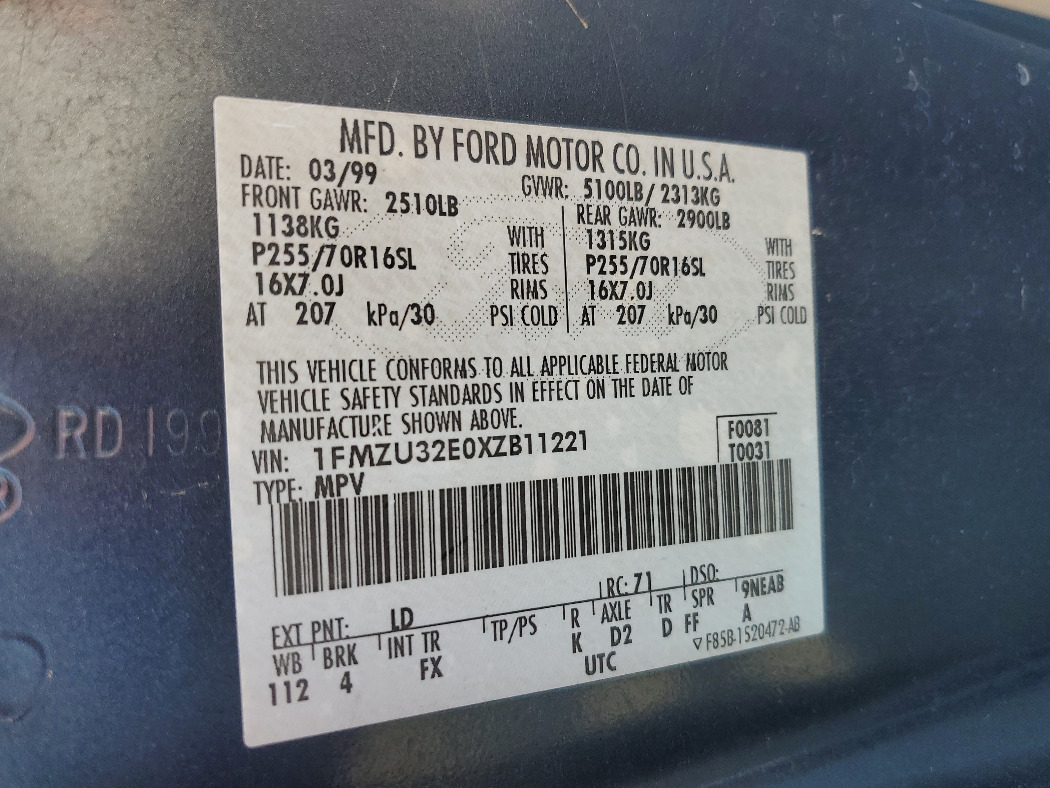 1FMZU32E0XZB11221 1999 Ford Explorer