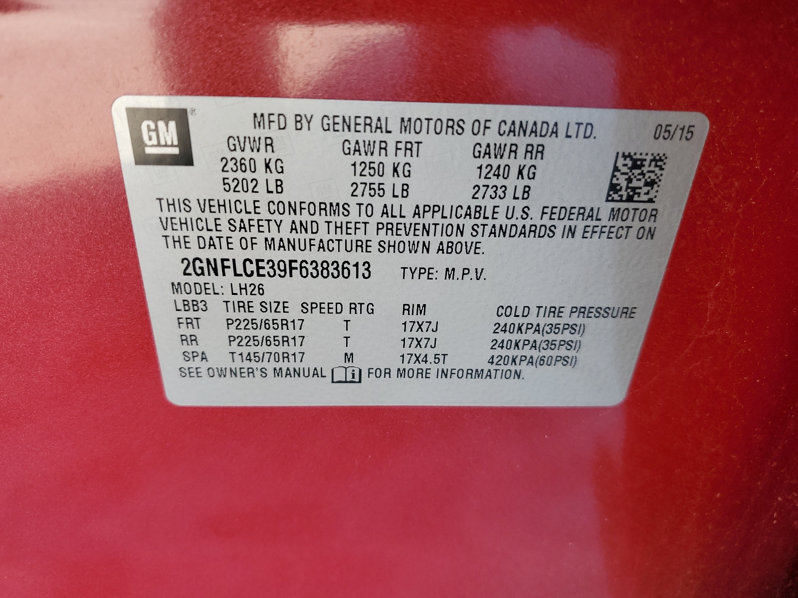 2GNFLCE39F6383613 2015 Chevrolet Equinox Lt