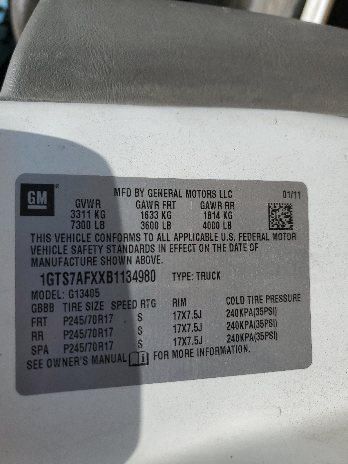 1GTS7AFXXB1134980 2011 GMC Savana G1500