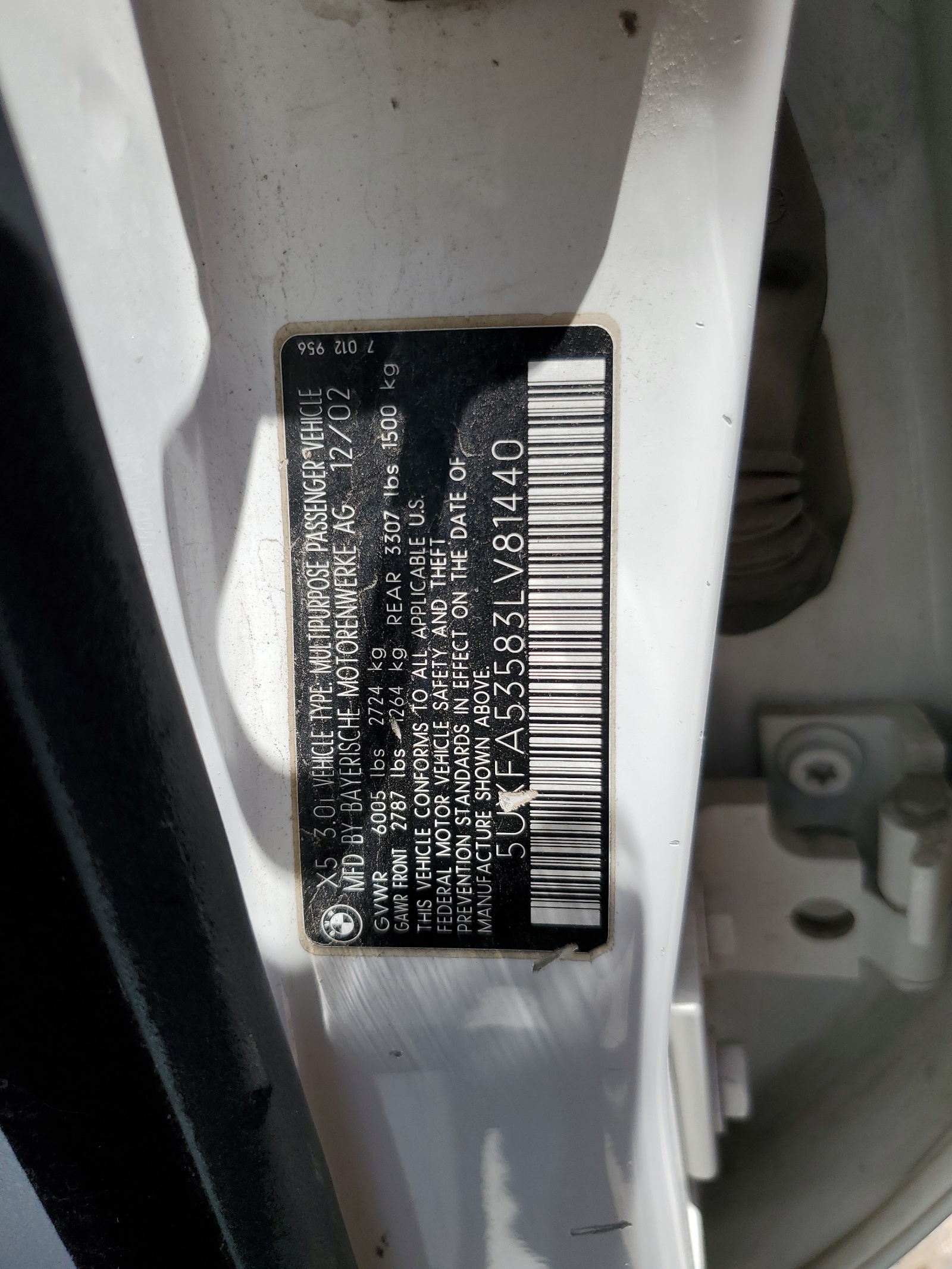 5UXFA53583LV81440 2003 BMW X5 3.0I