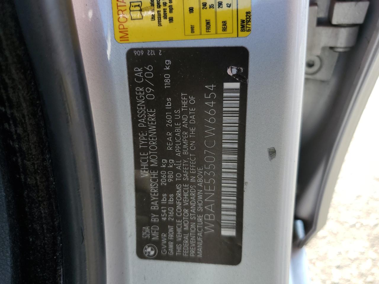 2007 BMW 525 I VIN: WBANE53507CW66454 Lot: 64839274