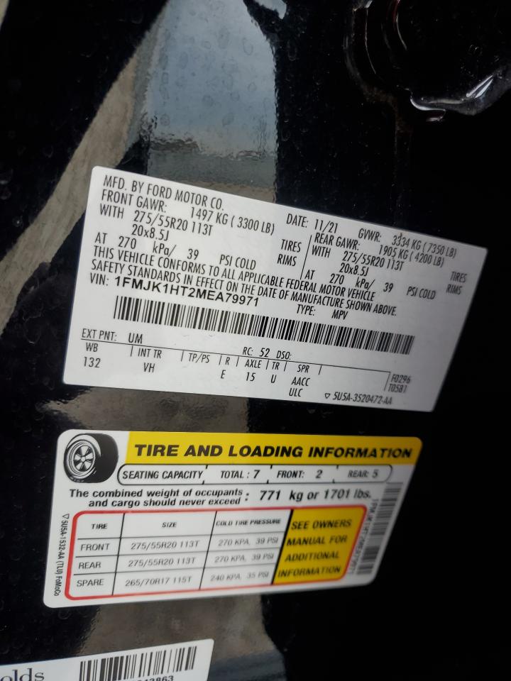 2021 Ford Expedition Max Xlt VIN: 1FMJK1HT2MEA79971 Lot: 63770254