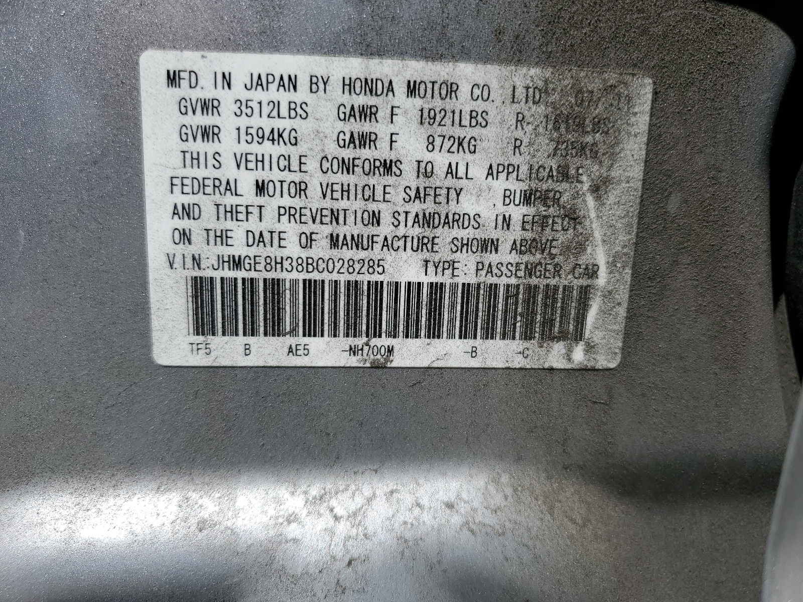 JHMGE8H38BC028285 2011 Honda Fit