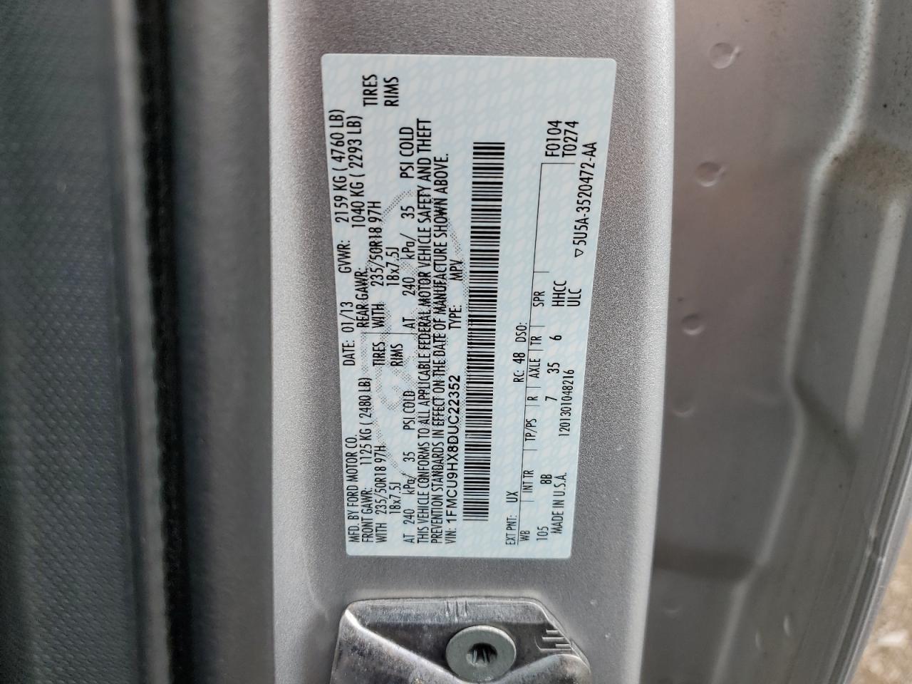 2013 Ford Escape Sel VIN: 1FMCU9HX8DUC22352 Lot: 62623454