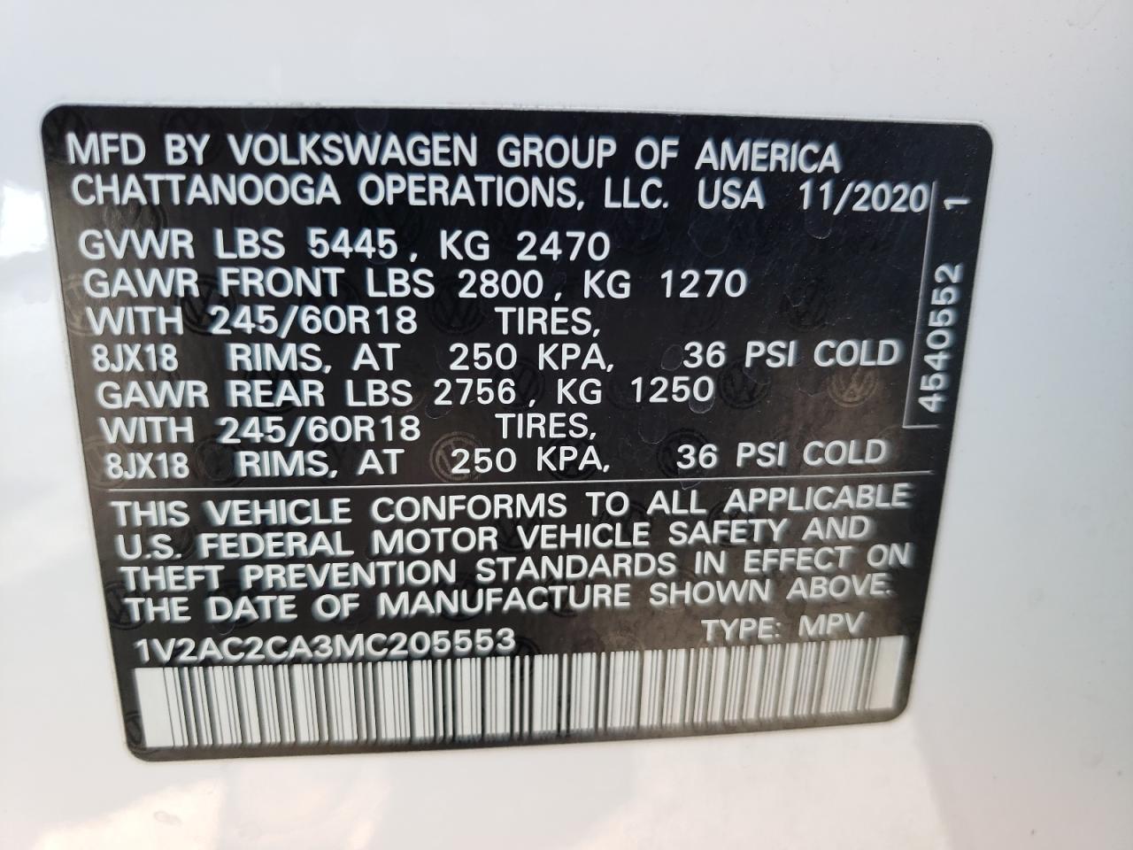 1V2AC2CA3MC205553 2021 Volkswagen Atlas Cross Sport S