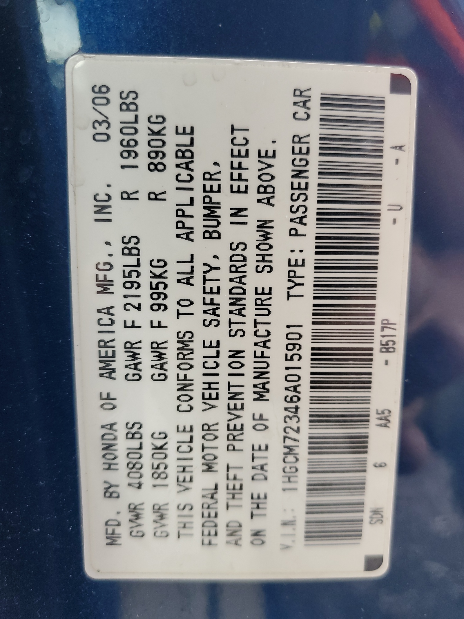 1HGCM72346A015901 2006 Honda Accord Lx