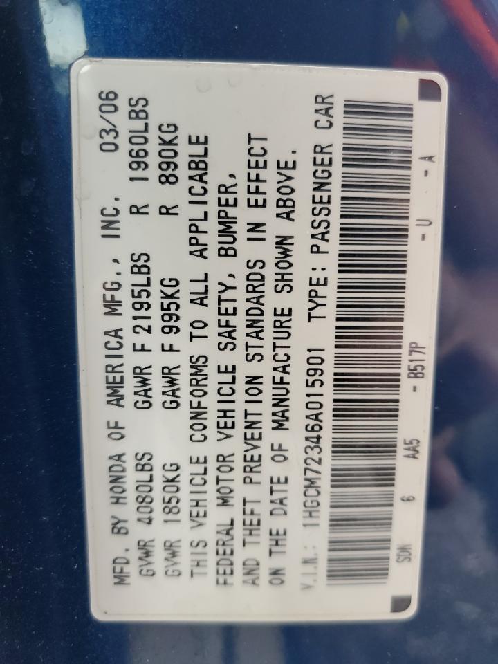 2006 Honda Accord Lx VIN: 1HGCM72346A015901 Lot: 63799794