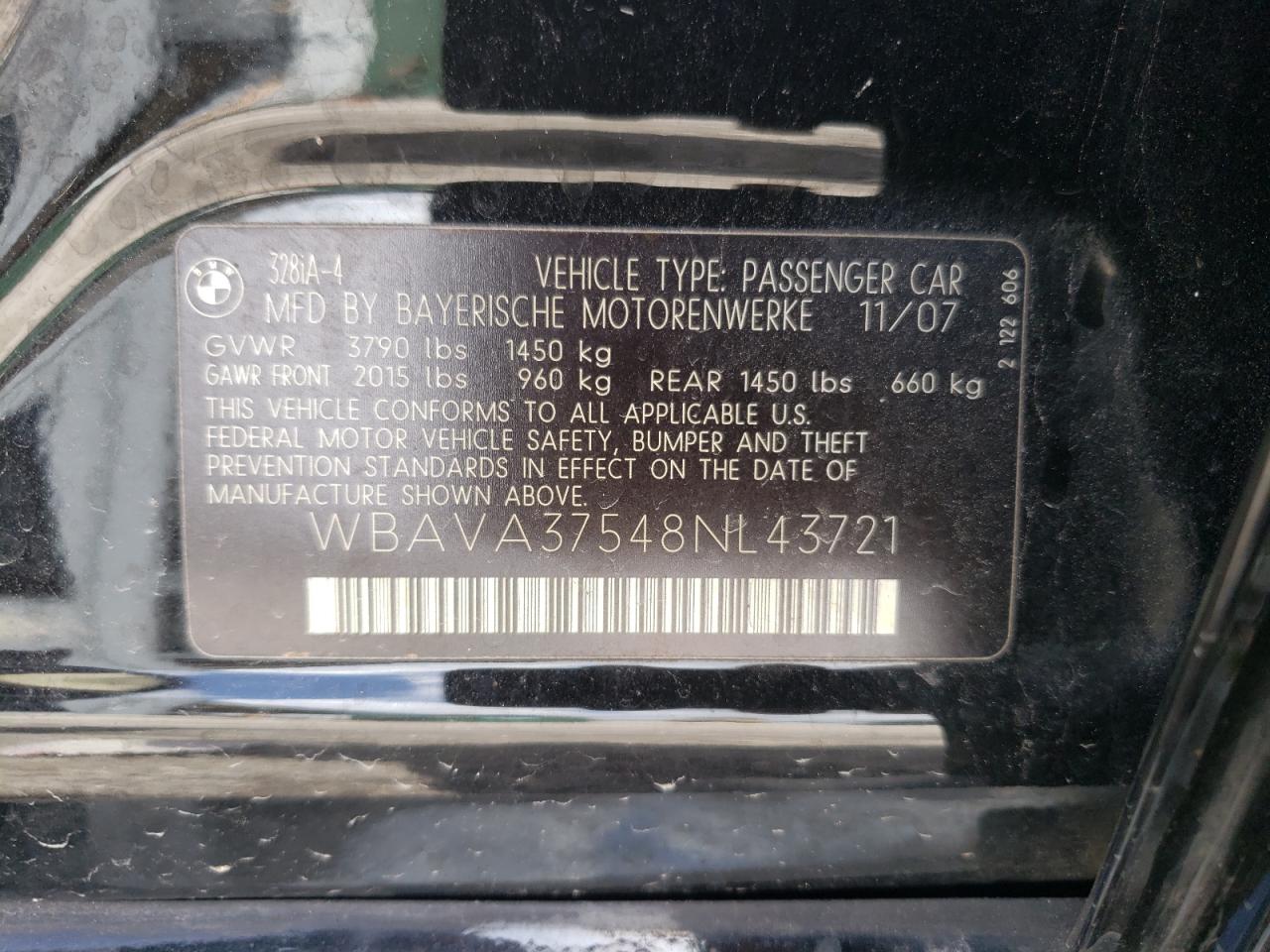 2008 BMW 328 I VIN: WBAVA37548NL43721 Lot: 63630424