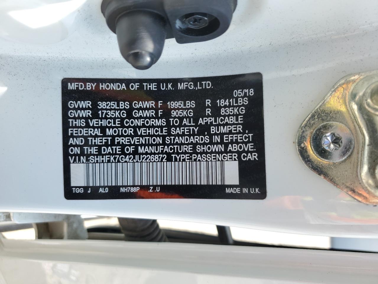 2018 Honda Civic Sport VIN: SHHFK7G42JU226872 Lot: 63188834