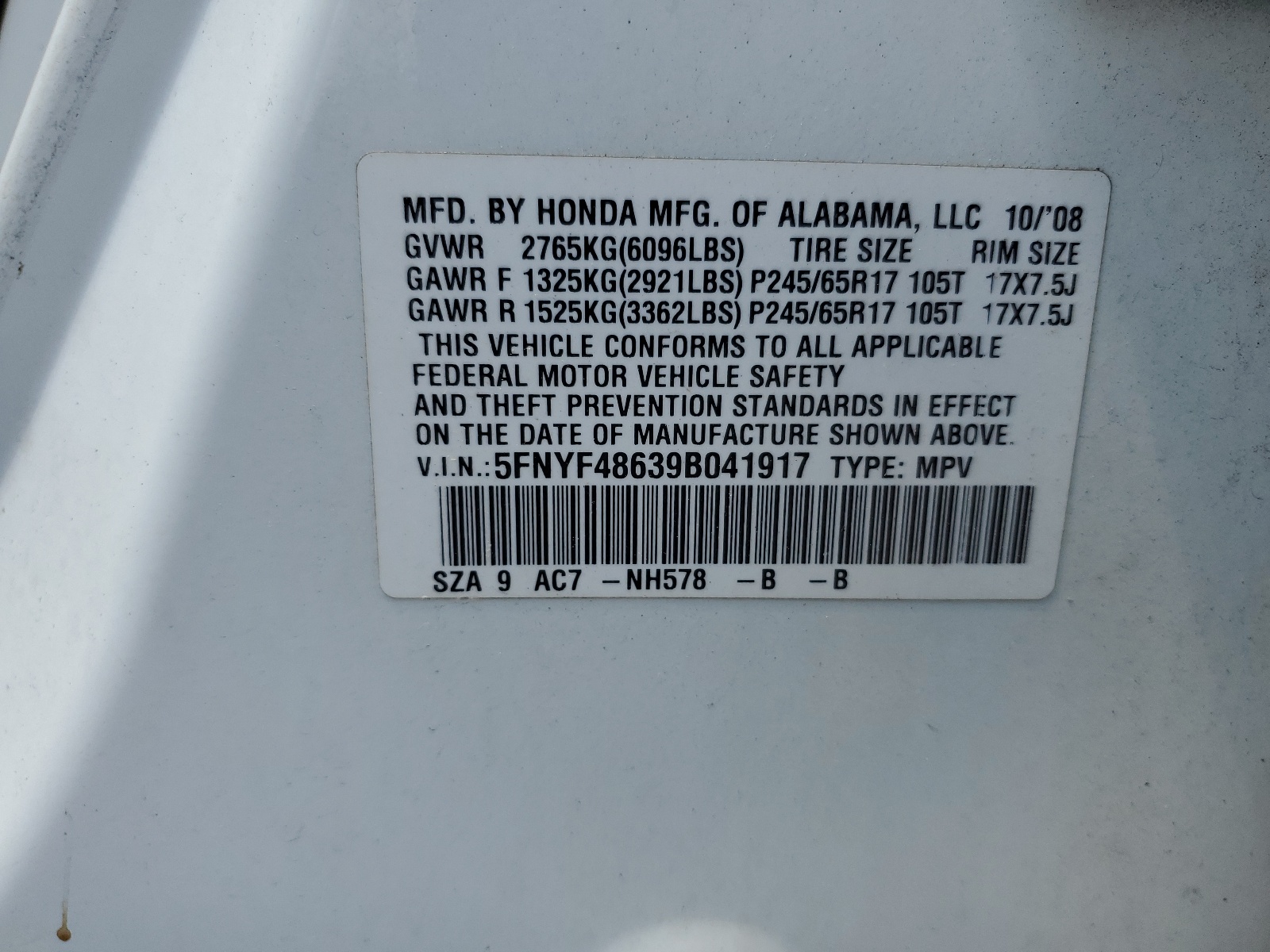 5FNYF48639B041917 2009 Honda Pilot Exl