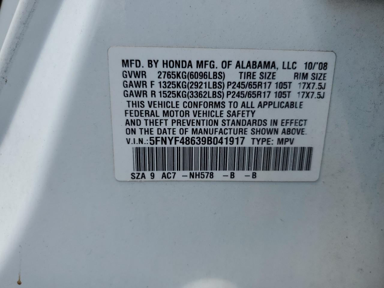 2009 Honda Pilot Exl VIN: 5FNYF48639B041917 Lot: 65270264