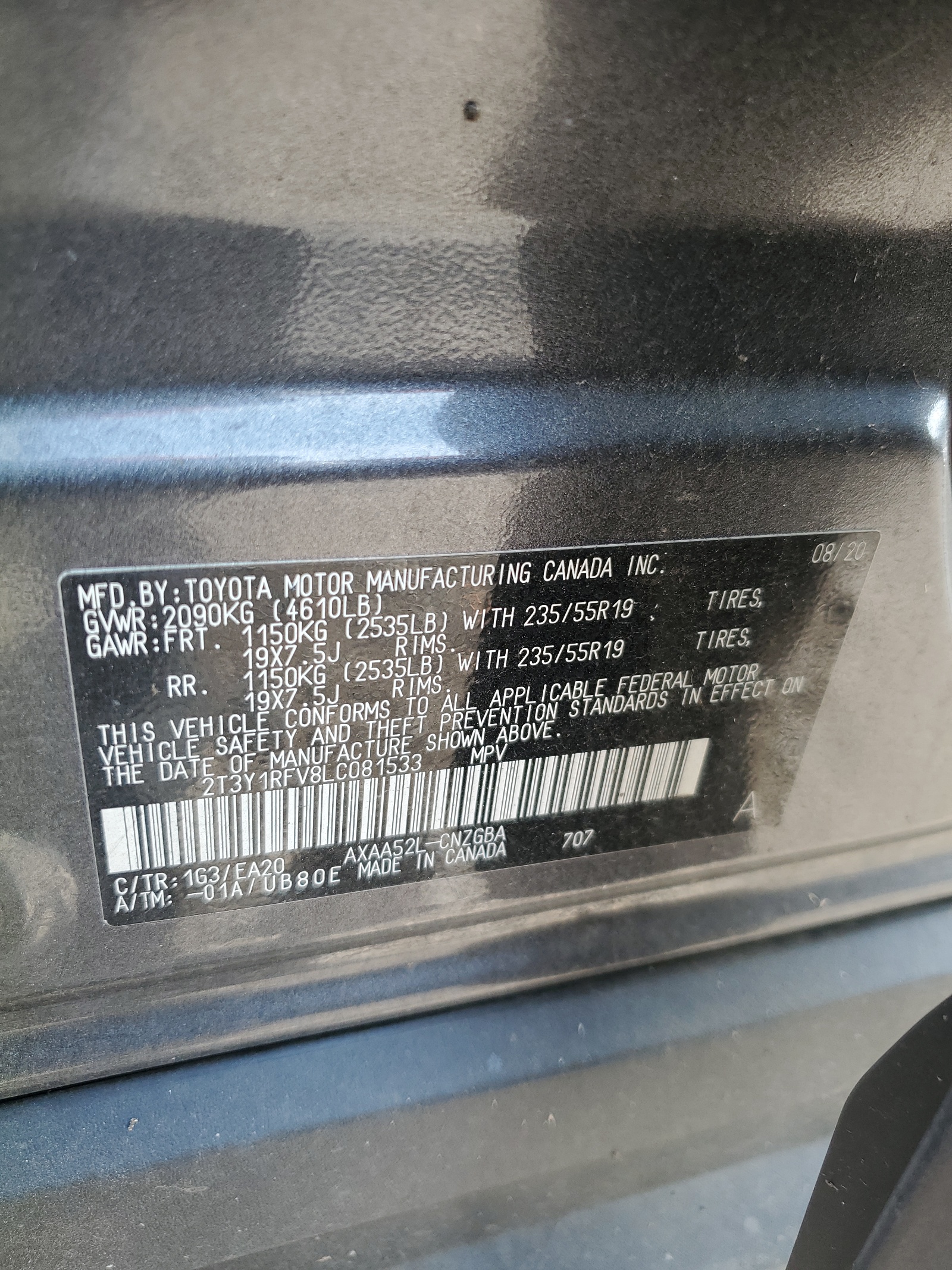 2T3Y1RFV8LC081533 2020 Toyota Rav4 Limited