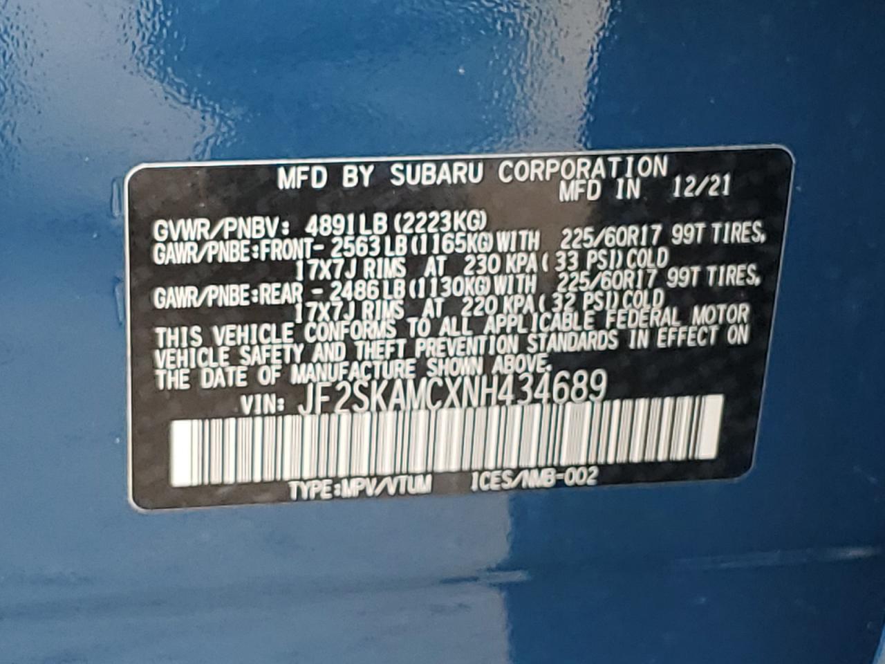 2022 Subaru Forester Wilderness VIN: JF2SKAMCXNH434689 Lot: 65031484