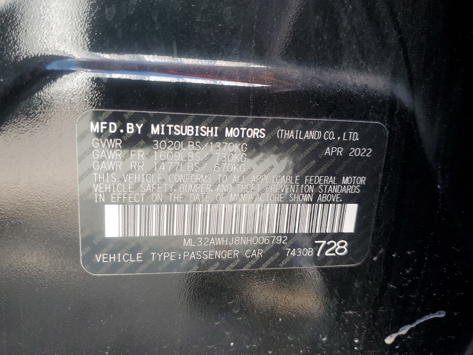 ML32AWHJ8NH006792 2022 Mitsubishi Mirage Se