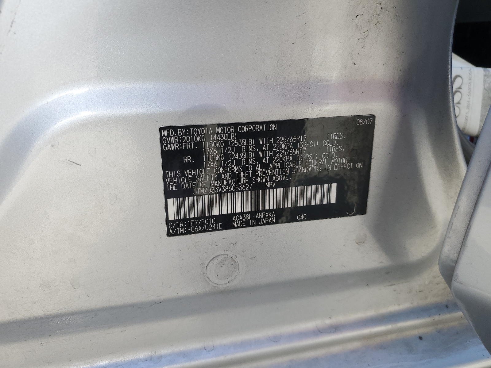 JTMZD33V386053627 2008 Toyota Rav4