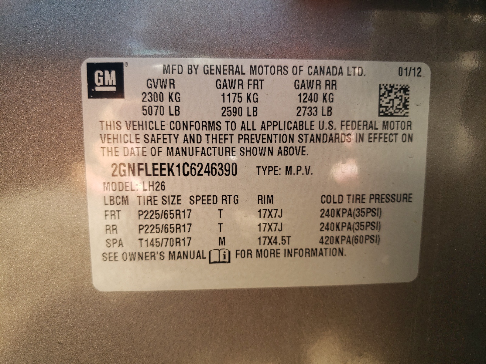 2GNFLEEK1C6246390 2012 Chevrolet Equinox Lt