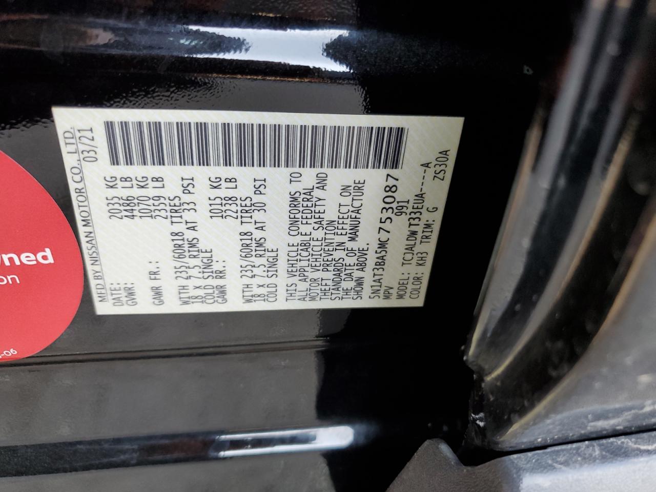 2021 Nissan Rogue Sv VIN: 5N1AT3BA5MC753087 Lot: 64071514