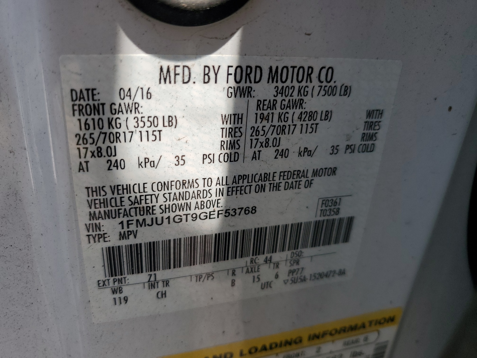 1FMJU1GT9GEF53768 2016 Ford Expedition Xl