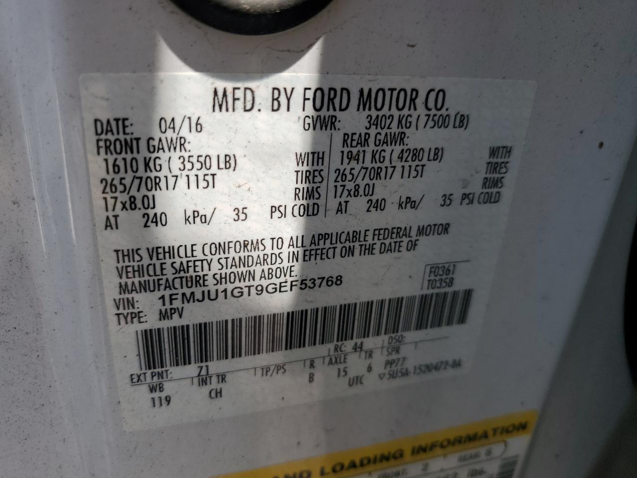 2016 Ford Expedition Xl VIN: 1FMJU1GT9GEF53768 Lot: 62696874