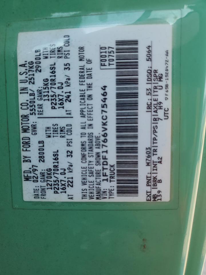 1997 Ford F150 VIN: 1FTDF1766VKC75464 Lot: 62079774