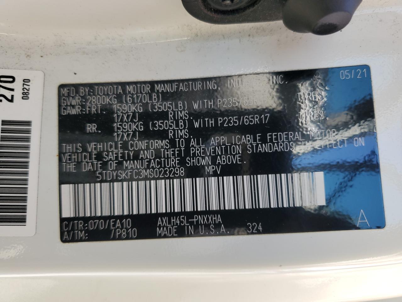 2021 Toyota Sienna Xle VIN: 5TDYSKFC3MS023298 Lot: 63094204