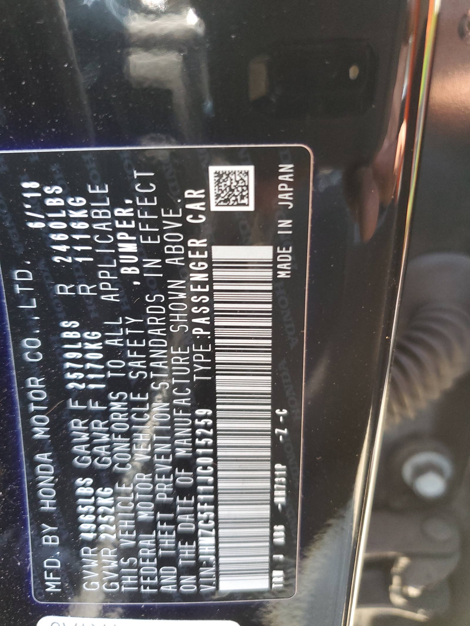 JHMZC5F11JC015259 2018 Honda Clarity