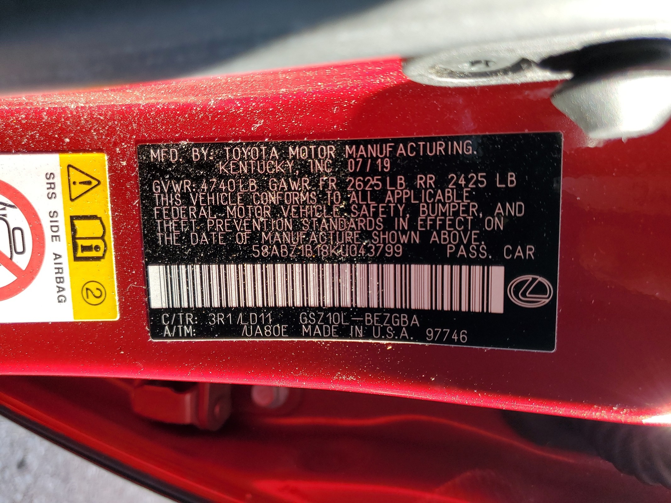 58ABZ1B18KU043799 2019 Lexus Es 350