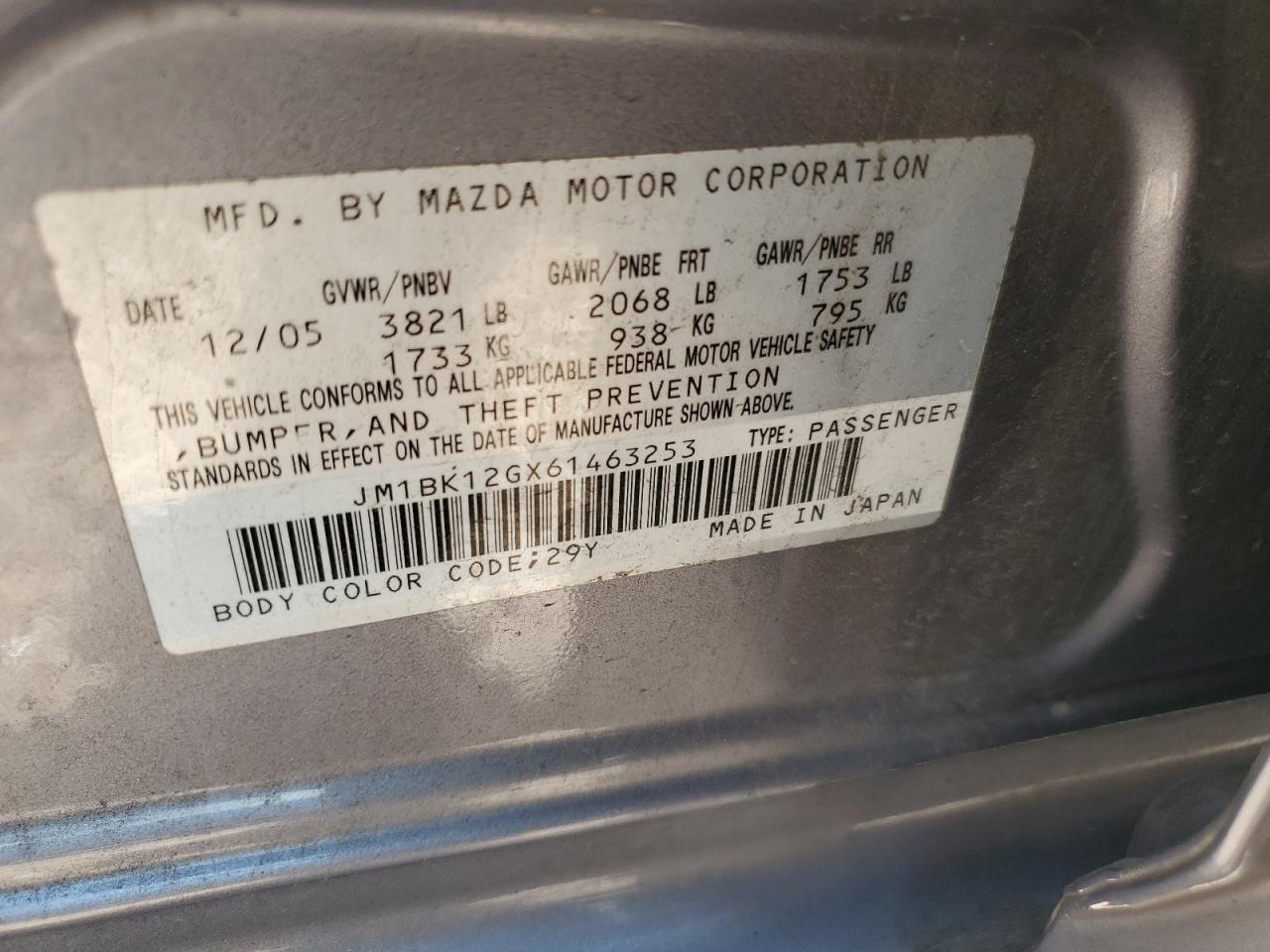 2006 Mazda 3 I VIN: JM1BK12GX61463253 Lot: 65167974