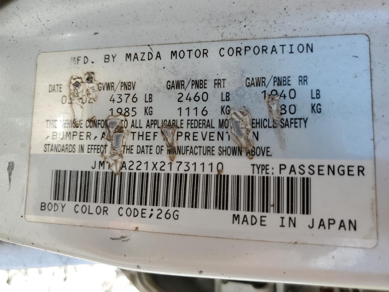 2002 Mazda Millenia VIN: JM1TA221X21731110 Lot: 64229094