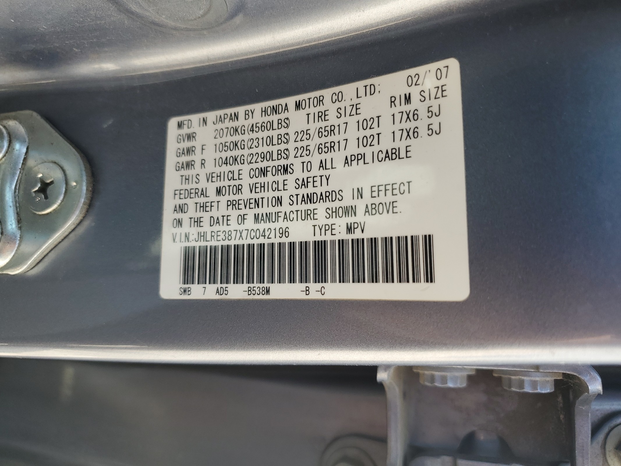 JHLRE387X7C042196 2007 Honda Cr-V Exl