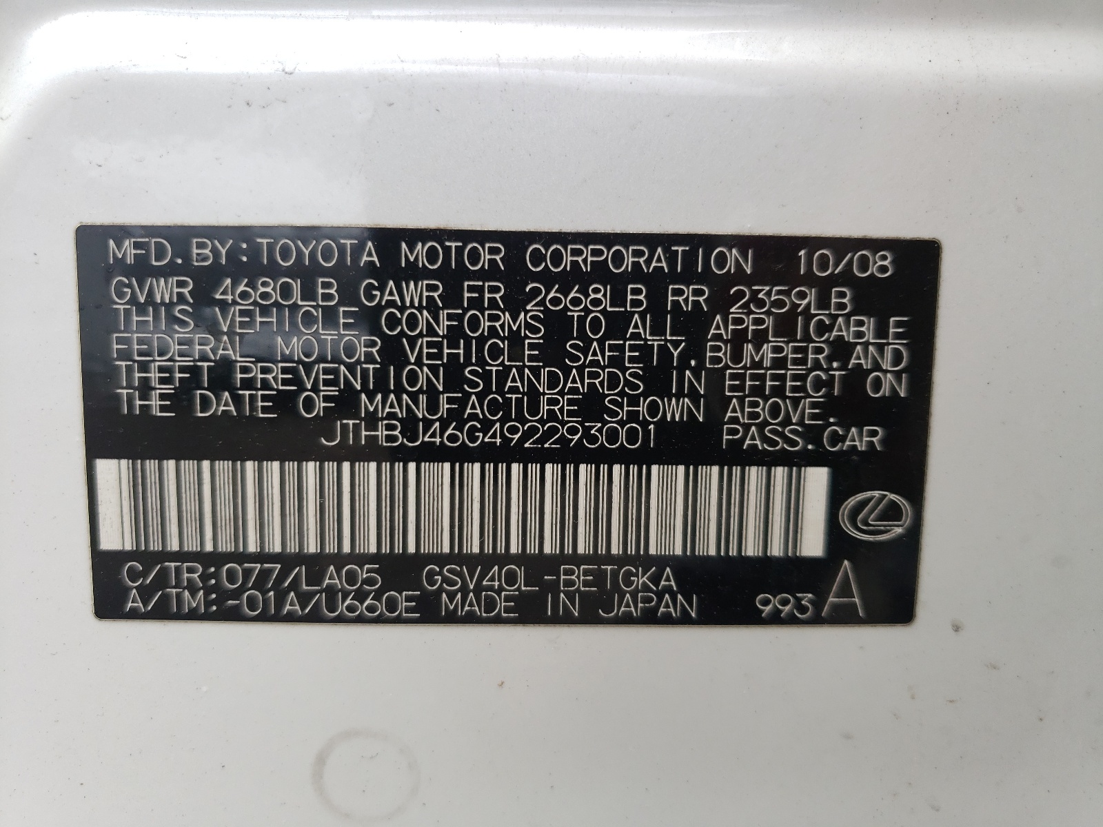 JTHBJ46G492293001 2009 Lexus Es 350