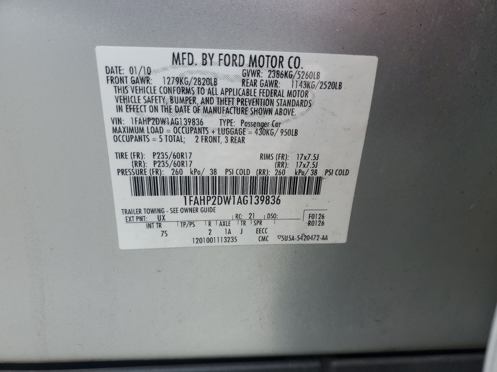 1FAHP2DW1AG139836 2010 Ford Taurus Se