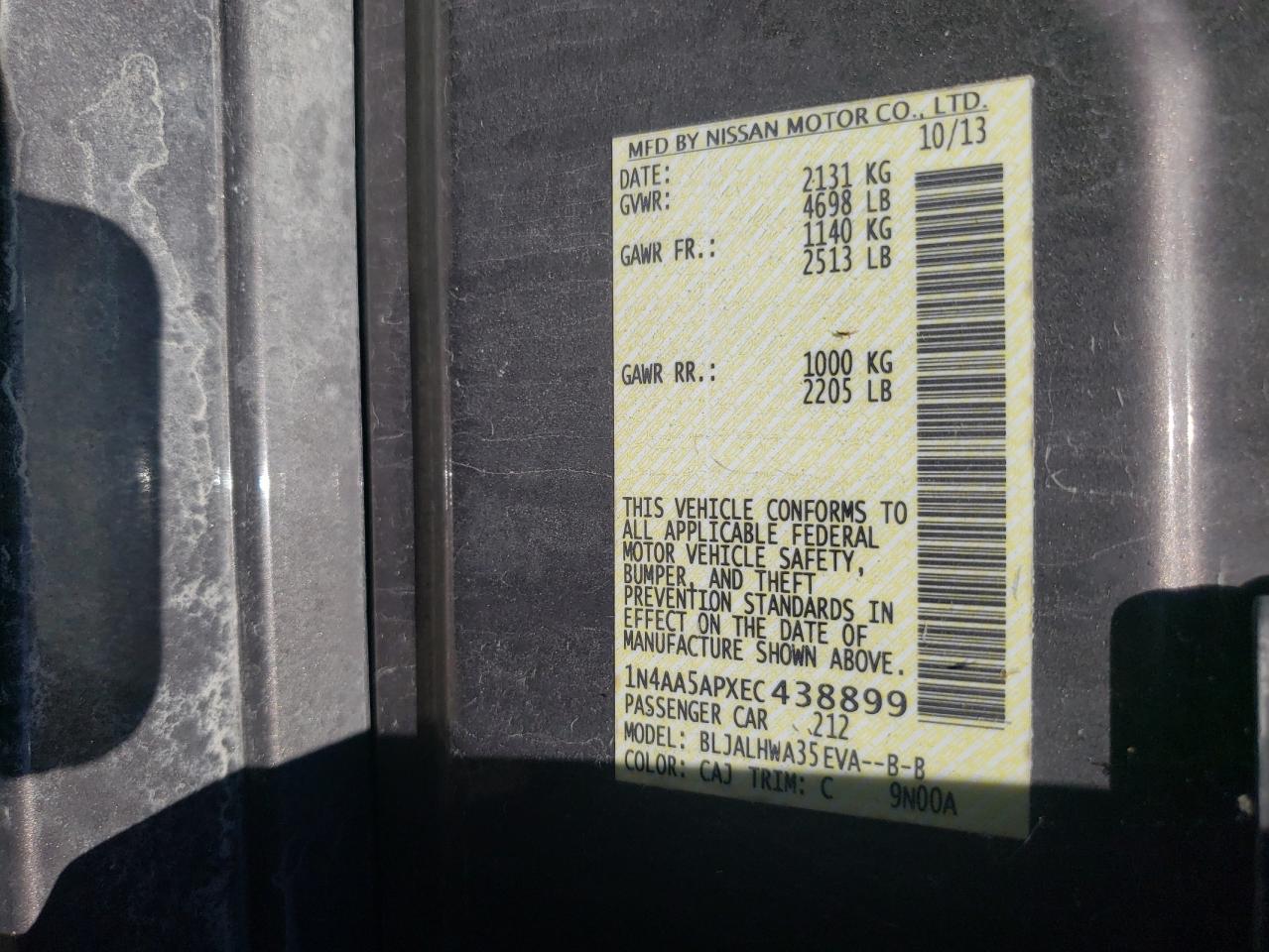 2014 Nissan Maxima S VIN: 1N4AA5APXEC438899 Lot: 64275004