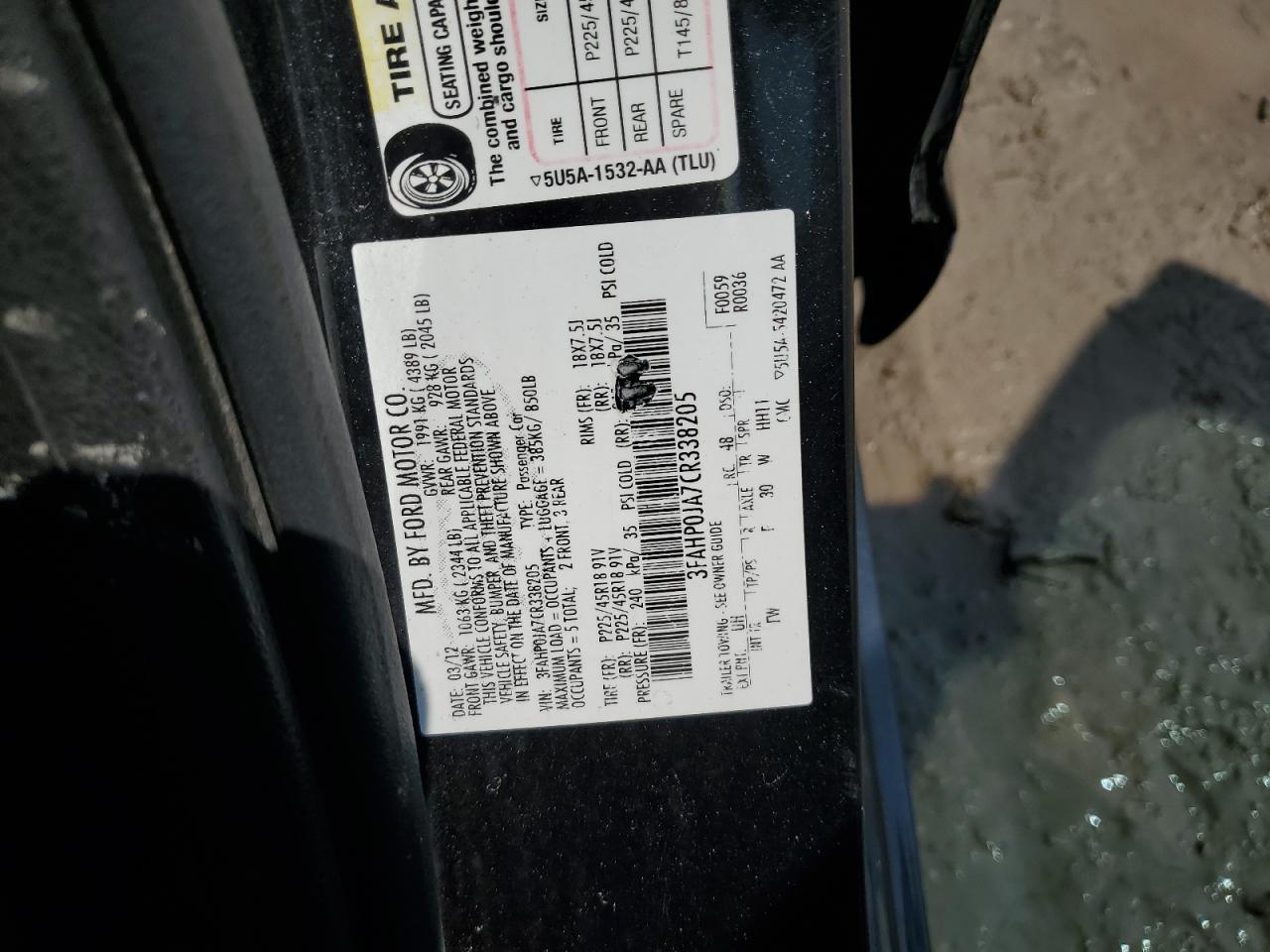 2012 Ford Fusion Sel VIN: 3FAHP0JA7CR338205 Lot: 63015464