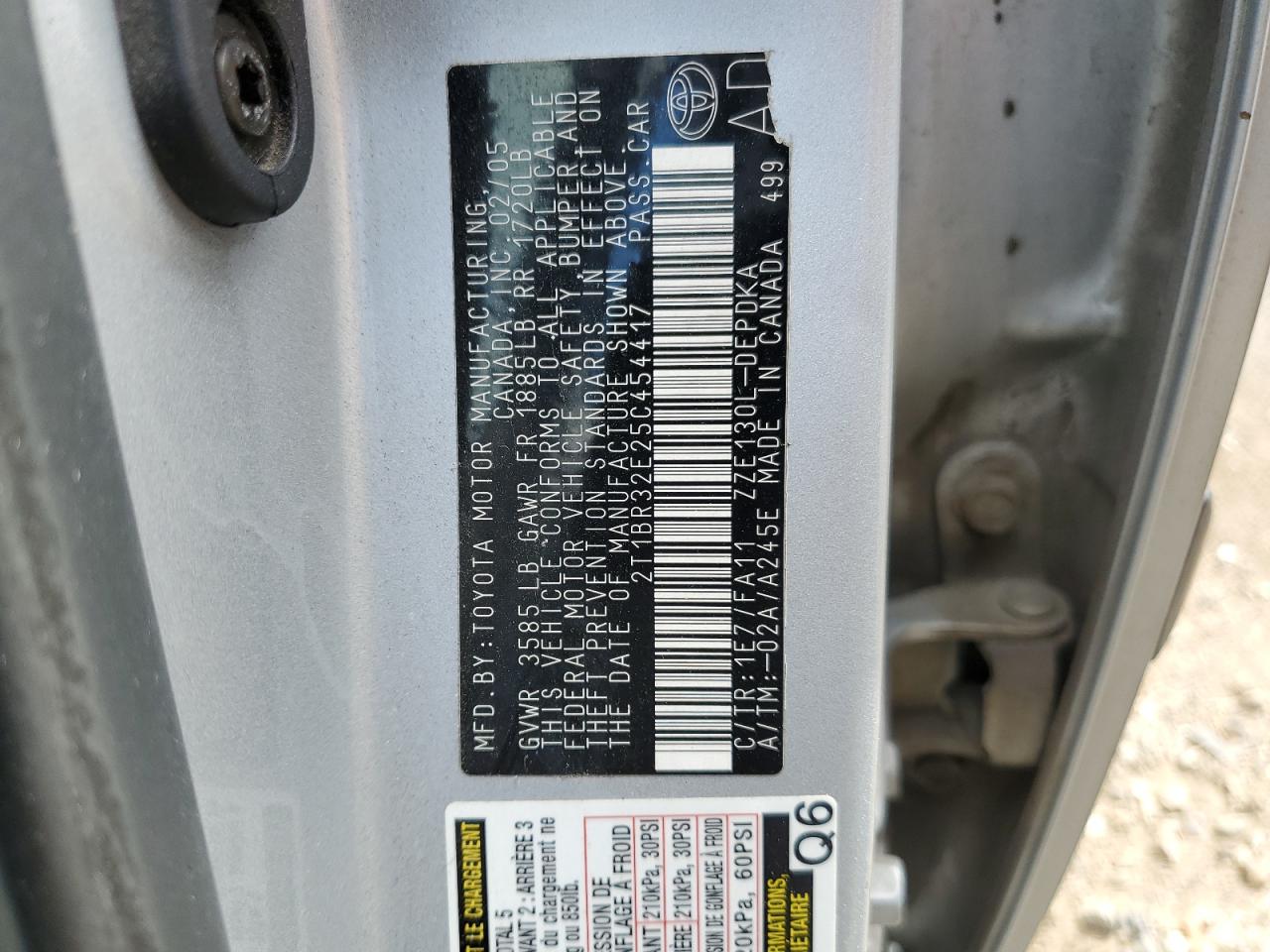 2005 Toyota Corolla Ce VIN: 2T1BR32E25C454417 Lot: 62492004