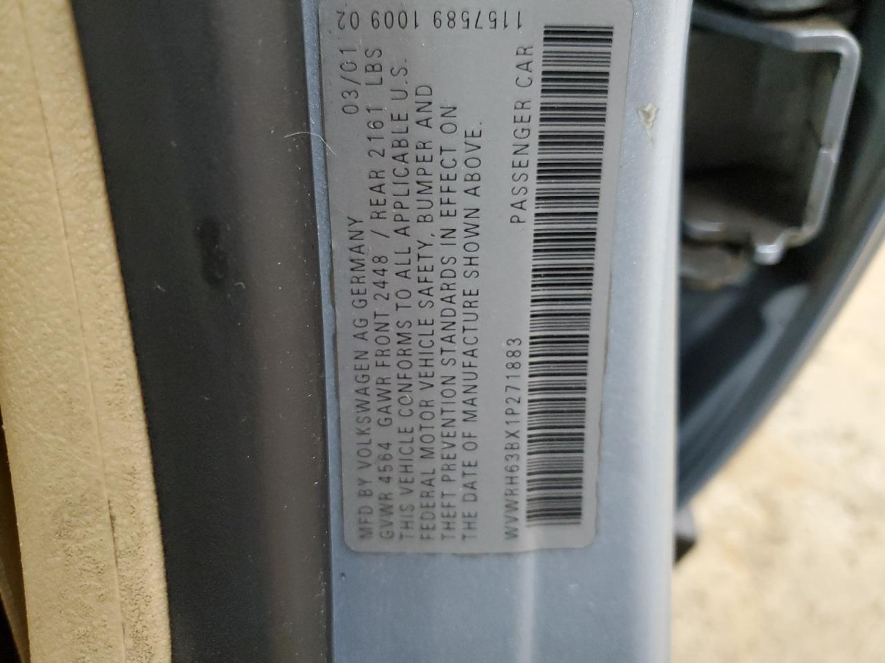 2001 Volkswagen Passat Glx VIN: WVWRH63BX1P271883 Lot: 64593814