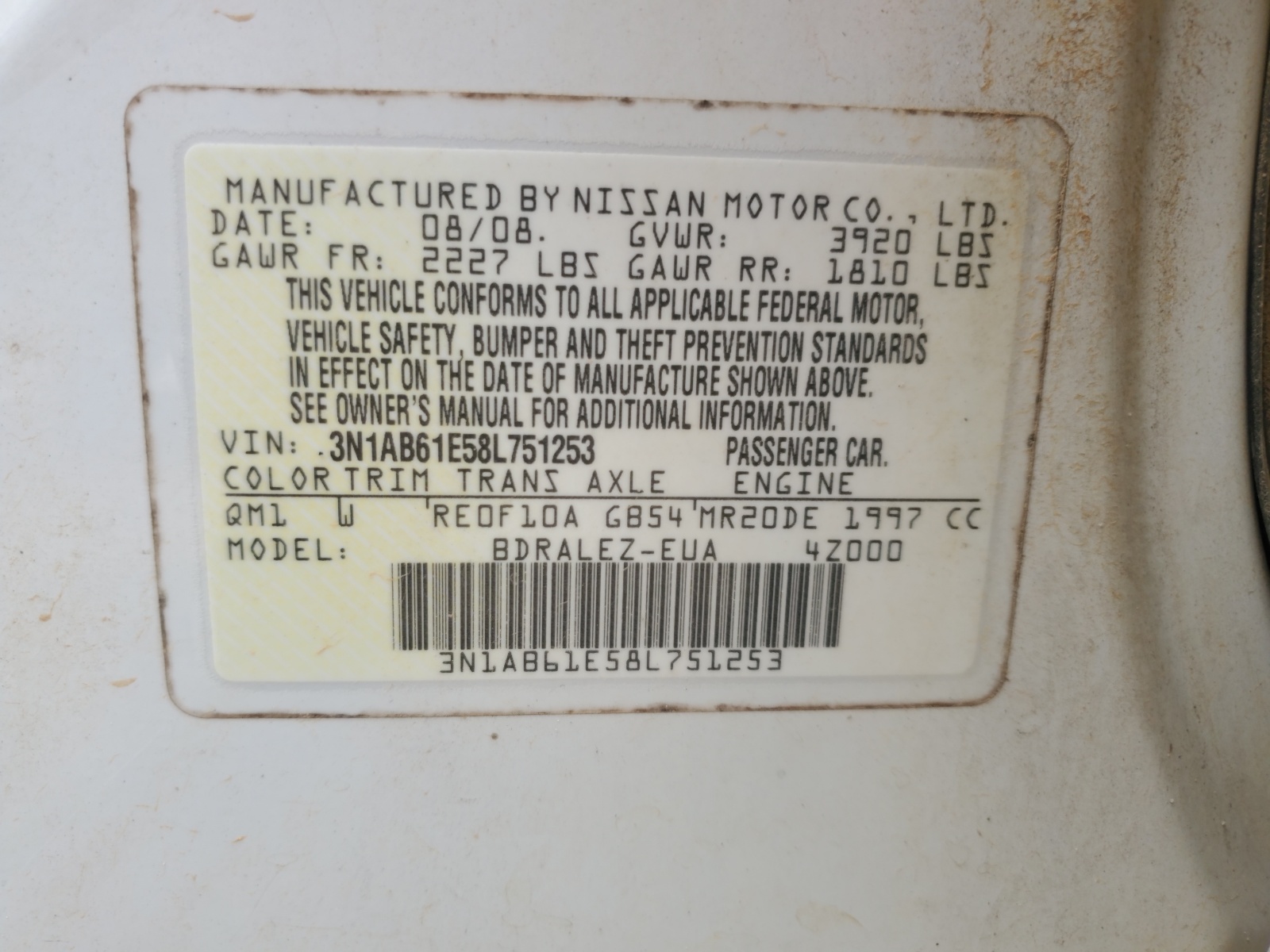 3N1AB61E58L751253 2008 Nissan Sentra 2.0