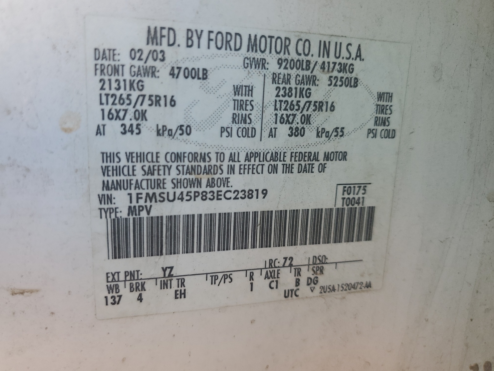 1FMSU45P83EC23819 2003 Ford Excursion Eddie Bauer