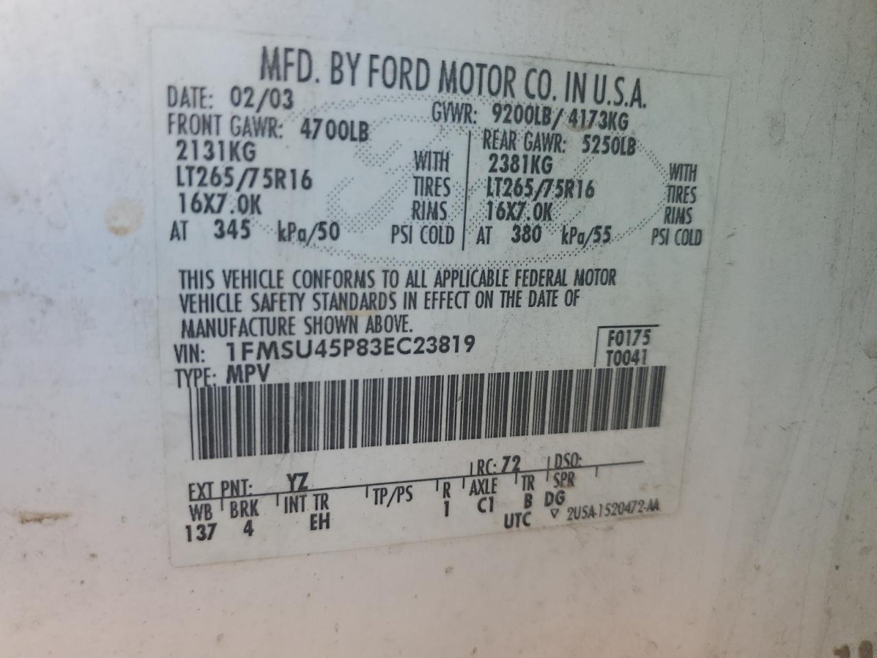 2003 Ford Excursion Eddie Bauer VIN: 1FMSU45P83EC23819 Lot: 65251494